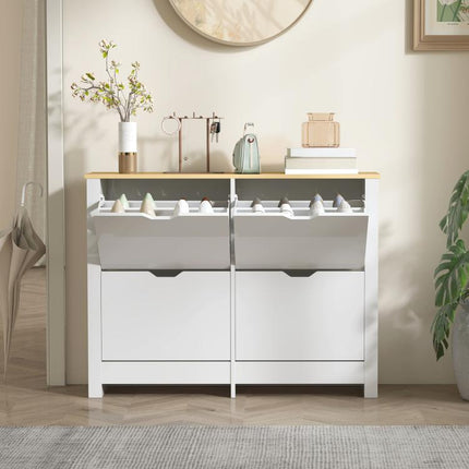 Slim Shoe Cabinet, Narrow Shoe Cupboard with 4 Flip Drawers, Adjustable Shelves for 16 Pairs of Shoes, White