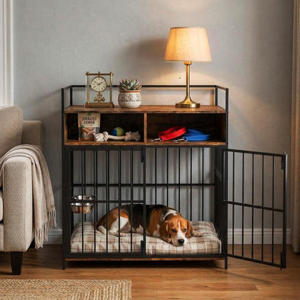 Dog Crate Furniture, Dog Cage with Rotatable Feeding Station and Storage Shelves, End Side Table Indoor Pet Kenne
