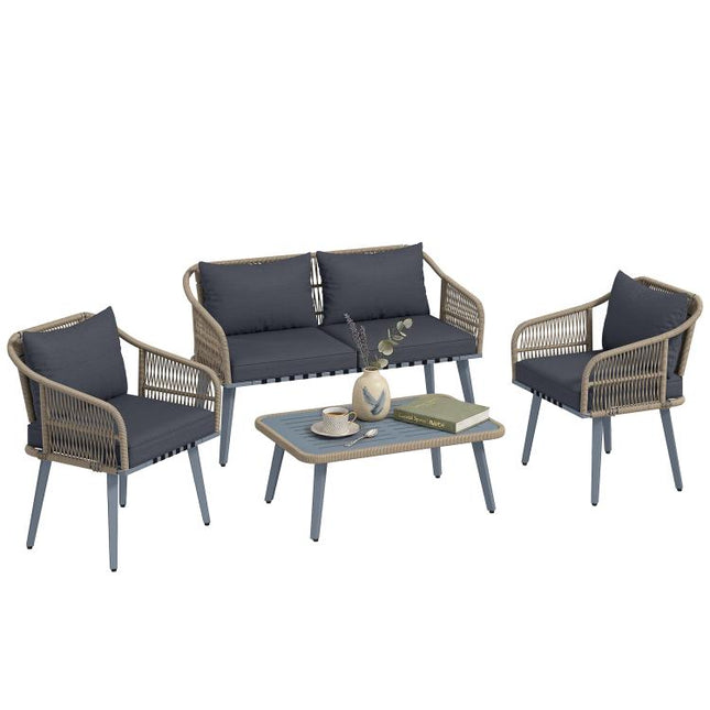 4 Piece Rattan Garden Furniture Set with Loveseat, Armchairs, Wood Table, Wicker Patio Conversation Set, Grey
