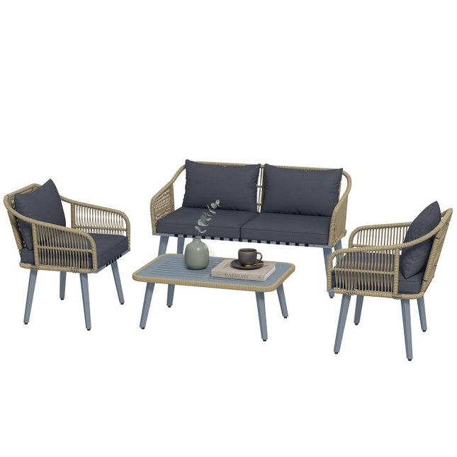 4 Piece Rattan Garden Furniture Set with Loveseat, Armchairs, Wood Table, Wicker Patio Conversation Set, Grey