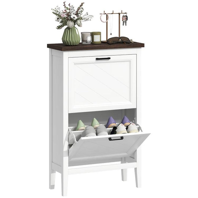 Shoe Cabinet with 2 Flip Drawers, Farmhouse Narrow Shoe Storage Cabinet with Adjustable Shelves, White