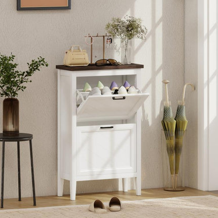 Shoe Cabinet with 2 Flip Drawers, Farmhouse Narrow Shoe Storage Cabinet with Adjustable Shelves, White