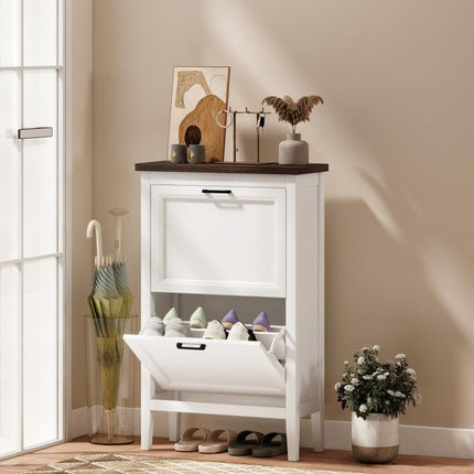 Shoe Cabinet with 2 Flip Drawers, Farmhouse Narrow Shoe Storage Cabinet with Adjustable Shelves, White