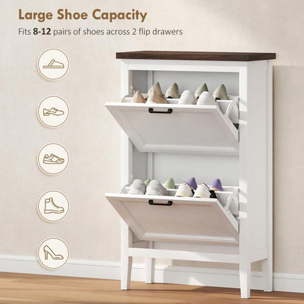 Shoe Cabinet with 2 Flip Drawers, Farmhouse Narrow Shoe Storage Cabinet with Adjustable Shelves, White