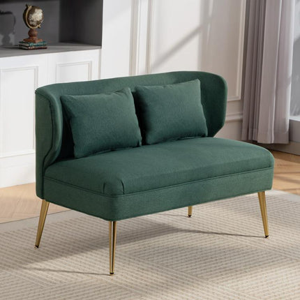 2 Seater Sofa, Linen-look Fabric Small Sofa with Wing Back, Thick Seat, Metal Legs, Dark Green