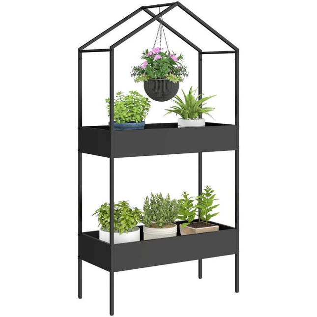 2 Tier Plant Stand, Outdoor Indoor Metal Plant Stand with Hook, House-Shaped Pots Holder Display Rack, Black