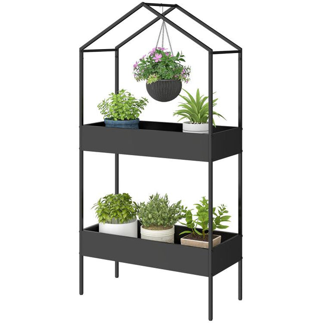 2 Tier Plant Stand, Outdoor Indoor Metal Plant Stand with Hook, House-Shaped Pots Holder Display Rack, Black