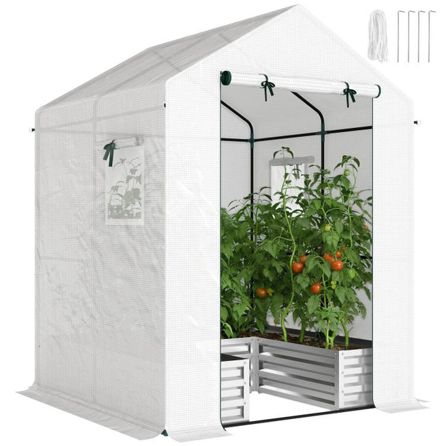 Small Greenhouse with Raised Garden Bed, Galvanised Walk-in Greenhouse with Roll Up Windows, 141 x 141 x 190 cm, White