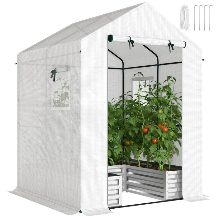 Small Greenhouse with Raised Garden Bed, Galvanised Walk-in Greenhouse with Roll Up Windows, 141 x 141 x 190 cm, White