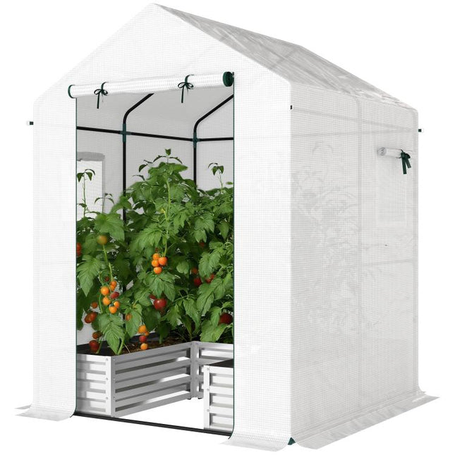 Small Greenhouse with Raised Garden Bed, Galvanised Walk-in Greenhouse with Roll Up Windows, 141 x 141 x 190 cm, White