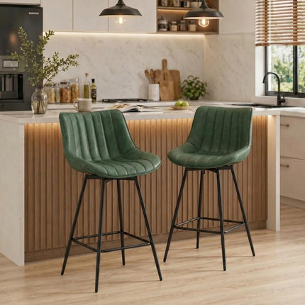 Set of 2 PU Leather Swivel Bar Stools - Dark Green