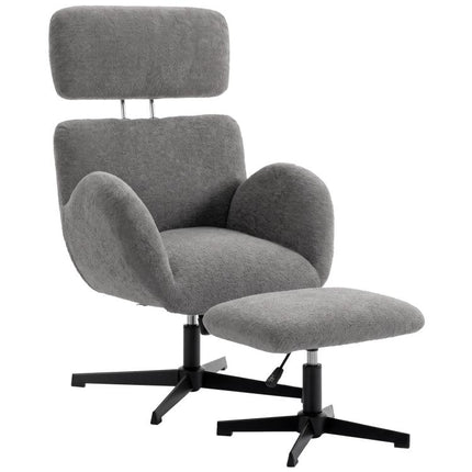 Swivel Armchair and Footstool Set, Height Adjustable Accent Chair with Adjustable Headrest, Rocking Function, Grey