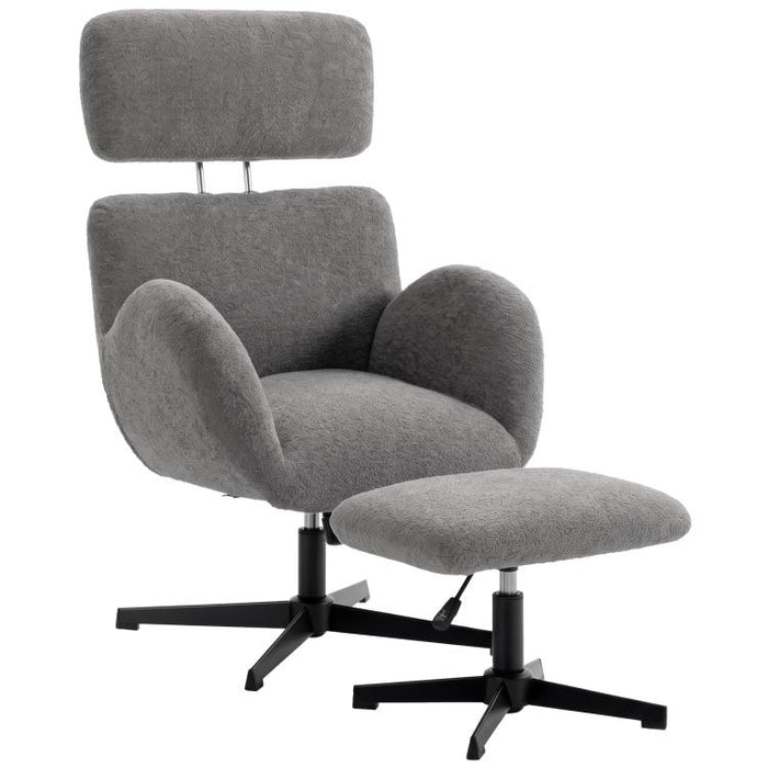 Swivel Armchair and Footstool Set, Height Adjustable Accent Chair with Adjustable Headrest, Rocking Function, Grey