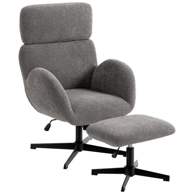 Swivel Armchair and Footstool Set, Height Adjustable Accent Chair with Adjustable Headrest, Rocking Function, Grey