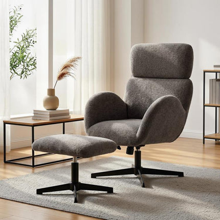 Swivel Armchair and Footstool Set, Height Adjustable Accent Chair with Adjustable Headrest, Rocking Function, Grey