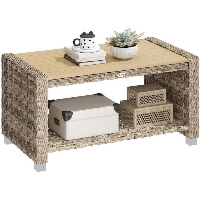 Outdoor Coffee Table with Storage Shelf, PE Rattan Side Table with Slatted Top and Foot Pads, Light Brown
