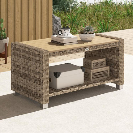 Outdoor Coffee Table with Storage Shelf, PE Rattan Side Table with Slatted Top and Foot Pads, Light Brown