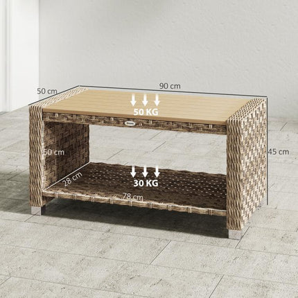Outdoor Coffee Table with Storage Shelf, PE Rattan Side Table with Slatted Top and Foot Pads, Light Brown