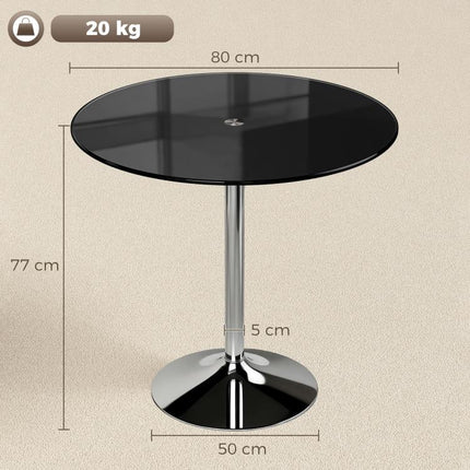 Round Bar Table, Modern Dining Table with Tempered Glass Top and Steel Frame for 4, 80 x 80 x 77cm, Black