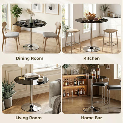 Round Bar Table, Modern Dining Table with Tempered Glass Top and Steel Frame for 4, 80 x 80 x 77cm, Black