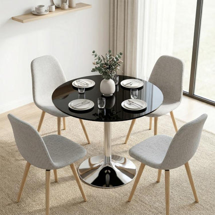 Round Bar Table, Modern Dining Table with Tempered Glass Top and Steel Frame for 4, 80 x 80 x 77cm, Black