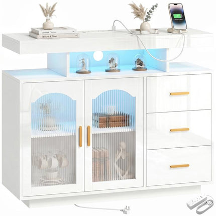 High Gloss Sideboard with LED Lights, Built-in Power Outlets, 3 Drawers, Shelves and 2 Acrylic Doors, White
