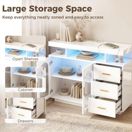 High Gloss Sideboard with LED Lights, Built-in Power Outlets, 3 Drawers, Shelves and 2 Acrylic Doors, White