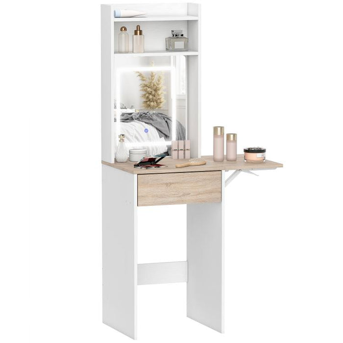 Small Vanity Desk with Mirror and LED Lights, Compact Dressing Table with Drop Leaf, Open Shelves and Drawer, White