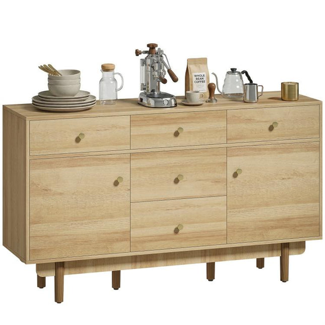Sideboard with 5 Drawers and 2 Cabinets Buffet Cabinet with Solid Wood Legs 136 cm Walnut