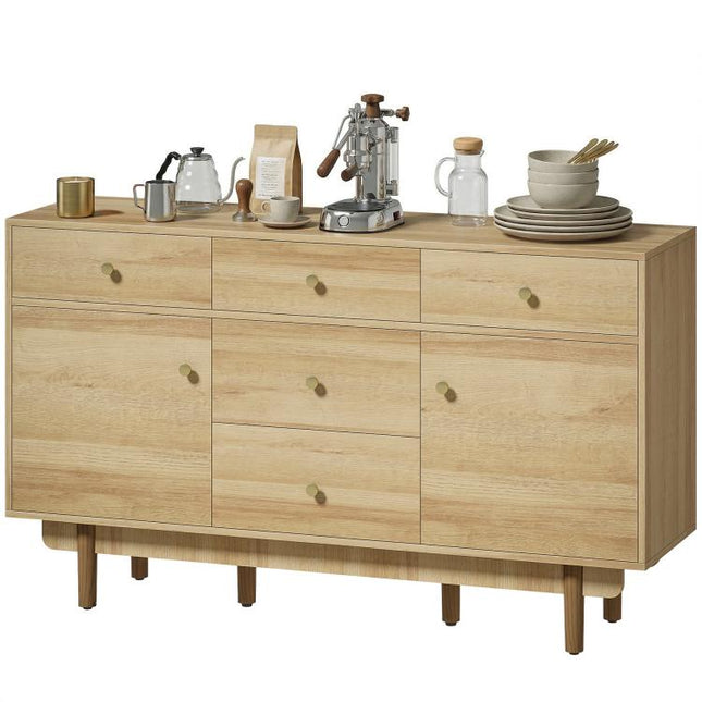 Sideboard with 5 Drawers and 2 Cabinets Buffet Cabinet with Solid Wood Legs 136 cm Walnut