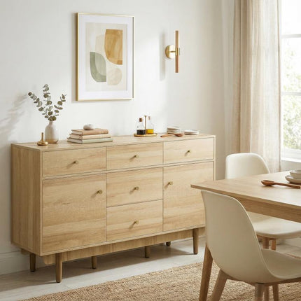 Sideboard with 5 Drawers and 2 Cabinets Buffet Cabinet with Solid Wood Legs 136 cm Walnut
