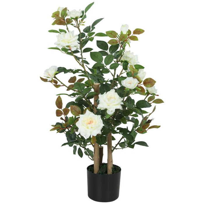 90cm Artificial Rose Tree, Decorative Fake Plant with 344 Silk Leaves 17 Flowers for Outdoor Indoor Decor, White