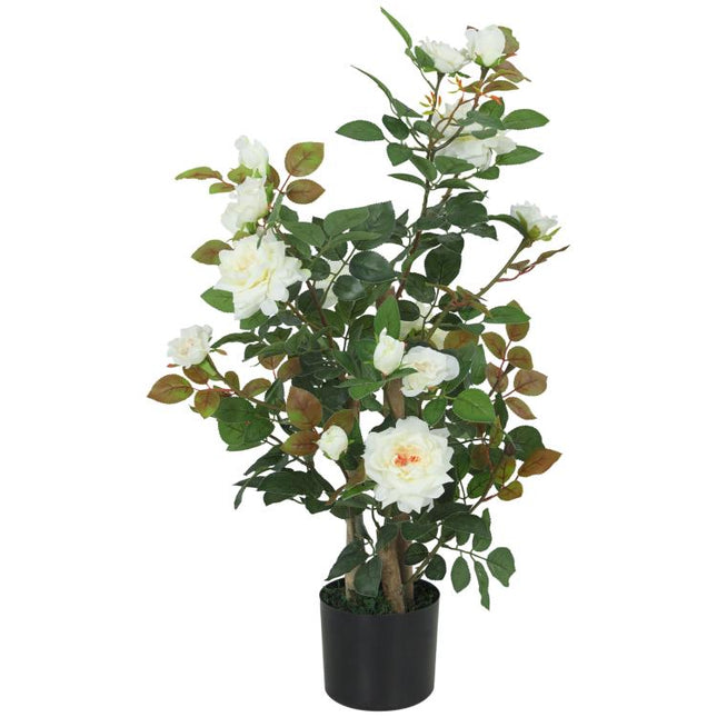 90cm Artificial Rose Tree, Decorative Fake Plant with 344 Silk Leaves 17 Flowers for Outdoor Indoor Decor, White