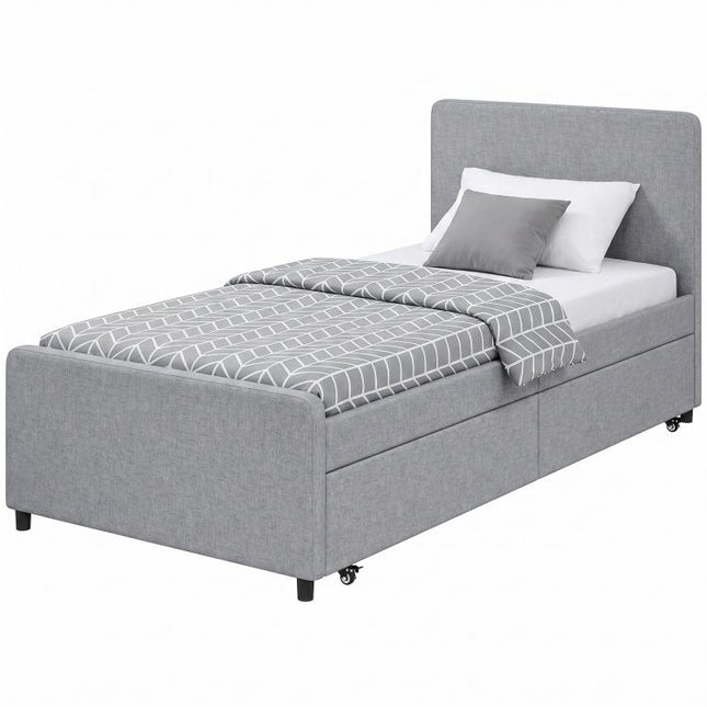 3ft Single Bed Frame with Trundle, Upholstered Pull Out Trundle Bed with Headboard and Footboard, Light Grey