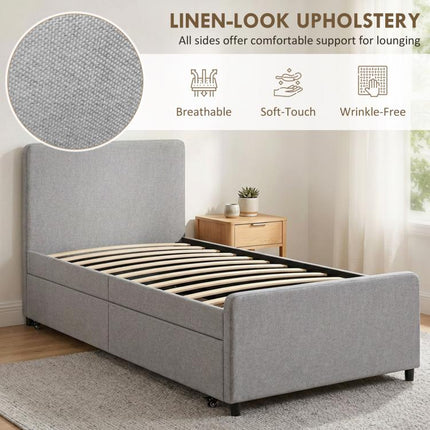 3ft Single Bed Frame with Trundle, Upholstered Pull Out Trundle Bed with Headboard and Footboard, Light Grey