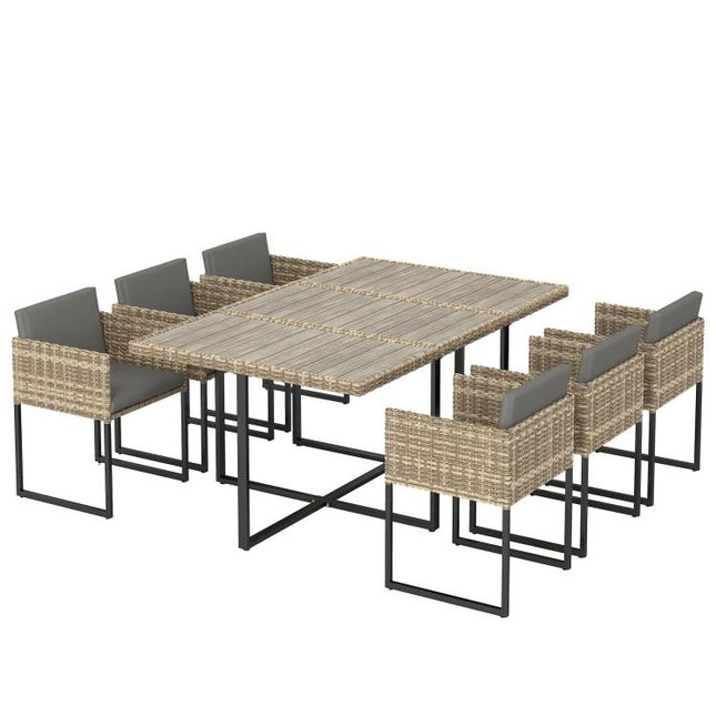 7 Piece Rattan Garden Furniture Set, Garden Dining Set with Wood-Plastic Table and 6 Stackable Chairs, Light Brown