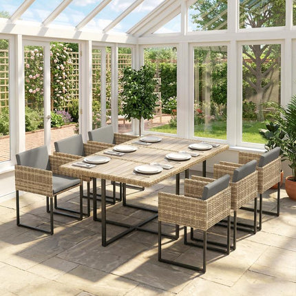 7 Piece Rattan Garden Furniture Set, Garden Dining Set with Wood-Plastic Table and 6 Stackable Chairs, Light Brown
