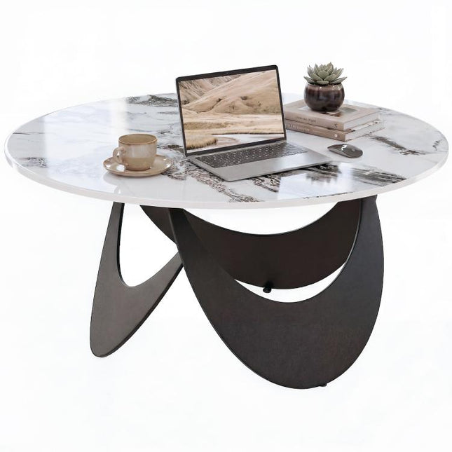 Coffee Table Sintered Stone Top Adjustable Foot Pads Modern Centre Table for Living Room White and Black