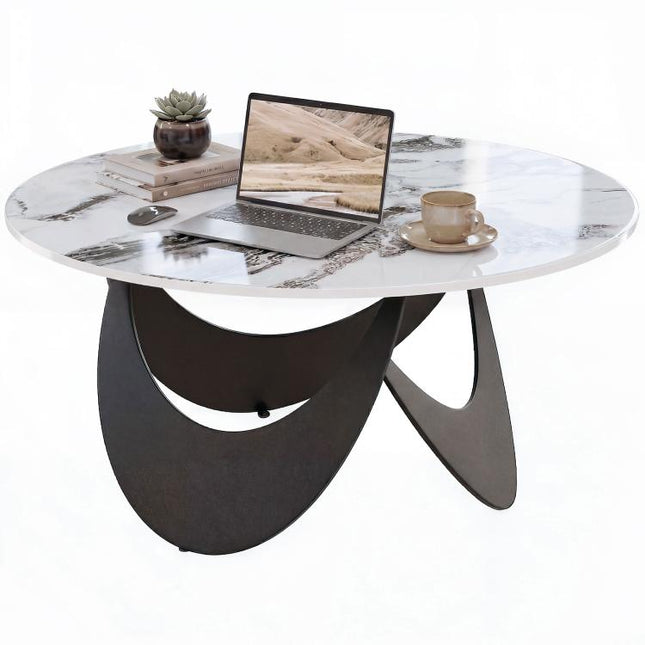 Coffee Table Sintered Stone Top Adjustable Foot Pads Modern Centre Table for Living Room White and Black