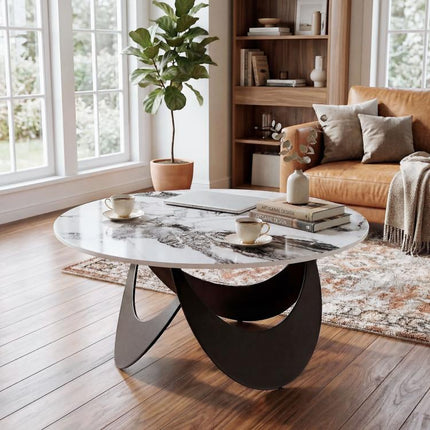 Coffee Table Sintered Stone Top Adjustable Foot Pads Modern Centre Table for Living Room White and Black