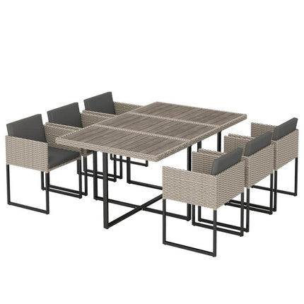 7 Piece Rattan Garden Furniture Set, Garden Dining Set with Wood-Plastic Table and 6 Stackable Chairs, Light Grey