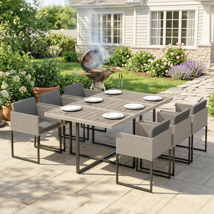 7 Piece Rattan Garden Furniture Set, Garden Dining Set with Wood-Plastic Table and 6 Stackable Chairs, Light Grey