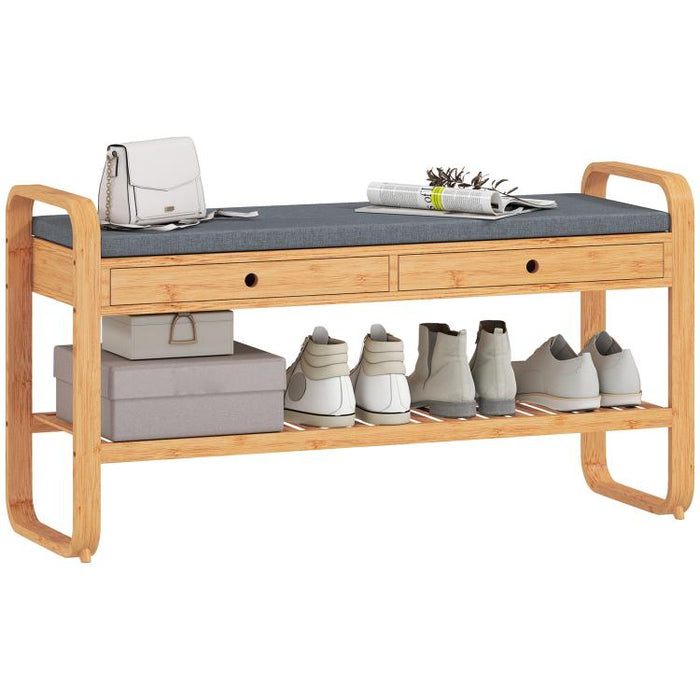 Shoe Bench with 2 Drawers Cushioned Seat Shoe Storage Bench for Hallway 105 cm Natural and Grey