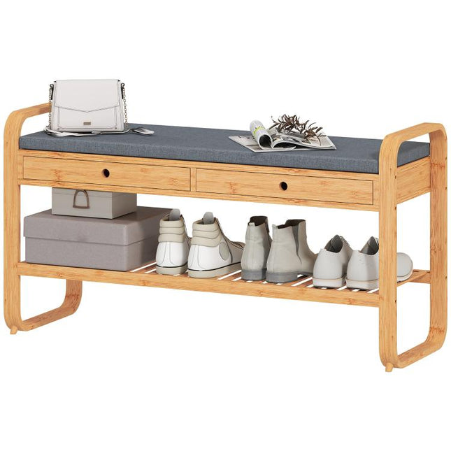 Shoe Bench with 2 Drawers Cushioned Seat Shoe Storage Bench for Hallway 105 cm Natural and Grey