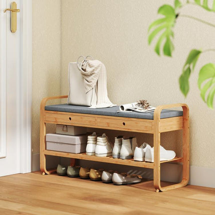 Shoe Bench with 2 Drawers Cushioned Seat Shoe Storage Bench for Hallway 105 cm Natural and Grey