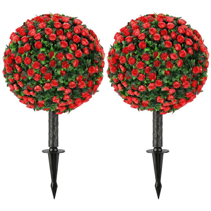 Artificial Rose Topiary UV Resistant, 2-Pack Fake Plants, 55 cm, Red