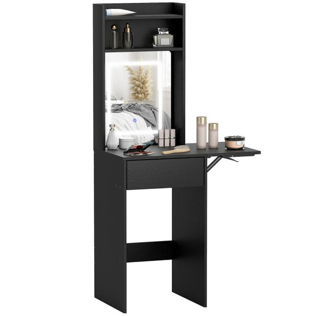 Small Vanity Desk with Mirror and LED Lights, Compact Dressing Table with Drop Leaf, Open Shelves and Drawer, Black