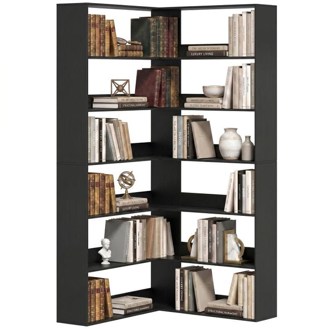 7 Tiers Bookshelf, L-Shaped Corner Bookcase with Anti-Slip Rear Guard, Black Wood Effect
