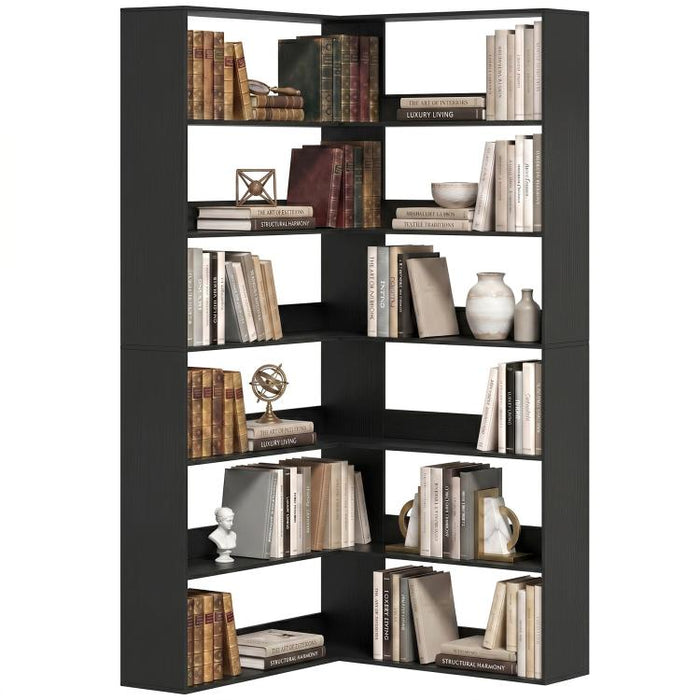 7 Tiers Bookshelf, L-Shaped Corner Bookcase with Anti-Slip Rear Guard, Black Wood Effect