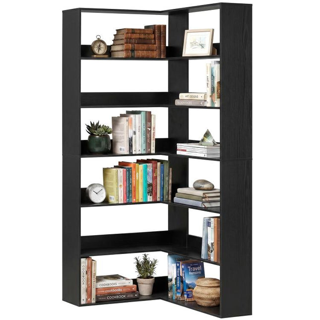 7 Tiers Bookshelf, L-Shaped Corner Bookcase with Anti-Slip Rear Guard, Black Wood Effect